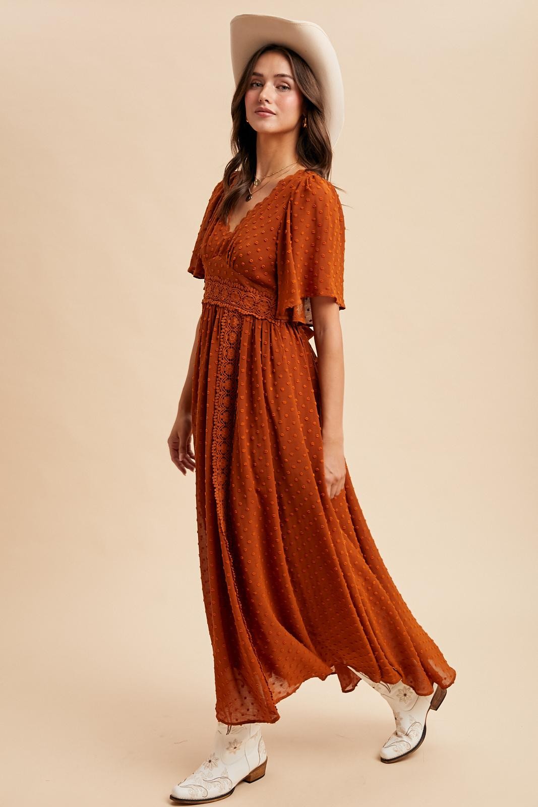 Rust Swiss Dot Crochet Lace Accent Maxi Dress