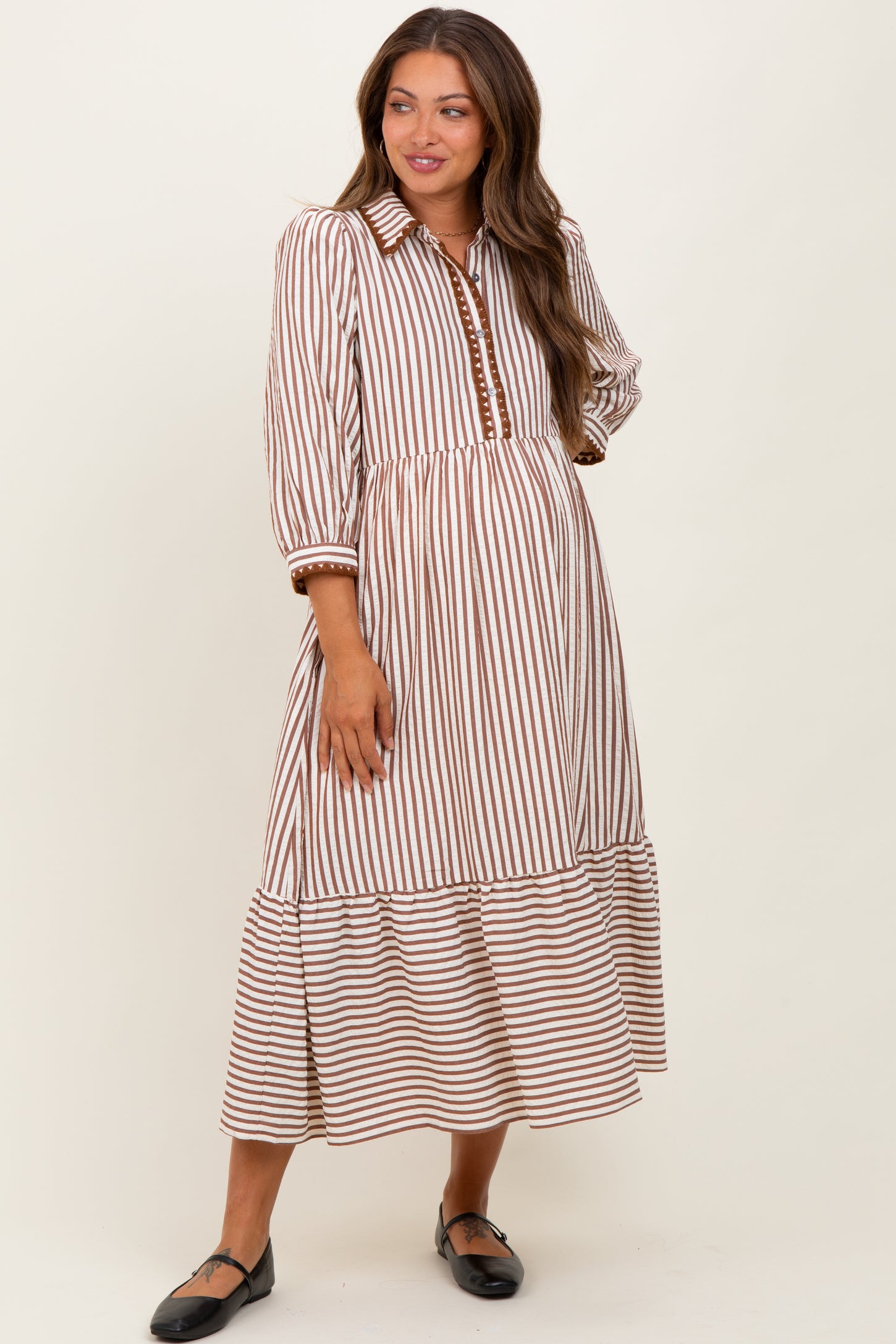 Mocha Striped Scallop Trim 3/4 Sleeve Maternity Midi Dress
