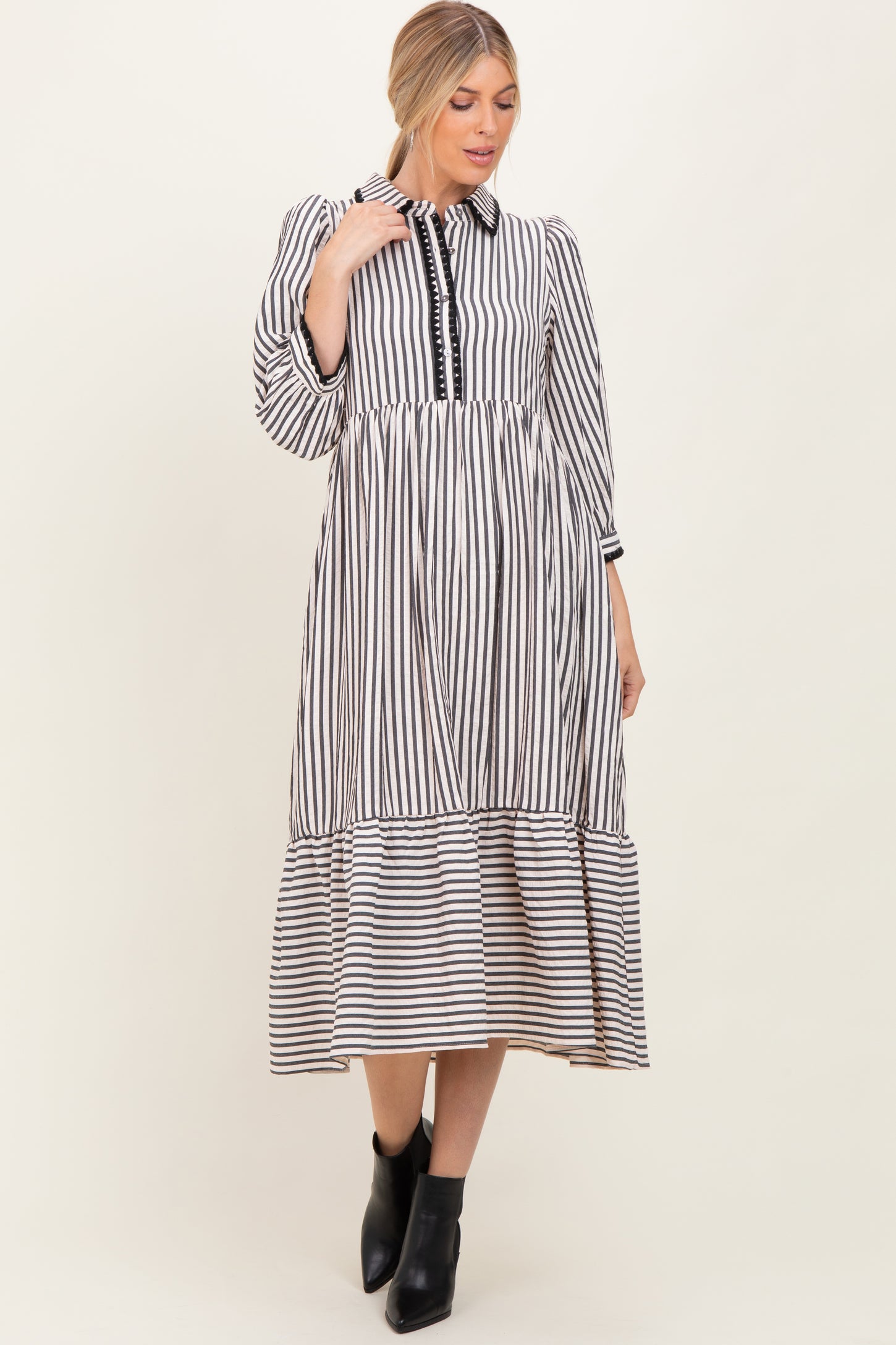 Black Striped Scallop Trim 3/4 Sleeve Maternity Midi Dress