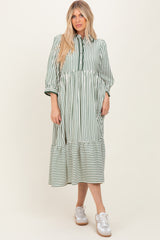 Green Striped Scallop Trim 3/4 Sleeve Midi Dress