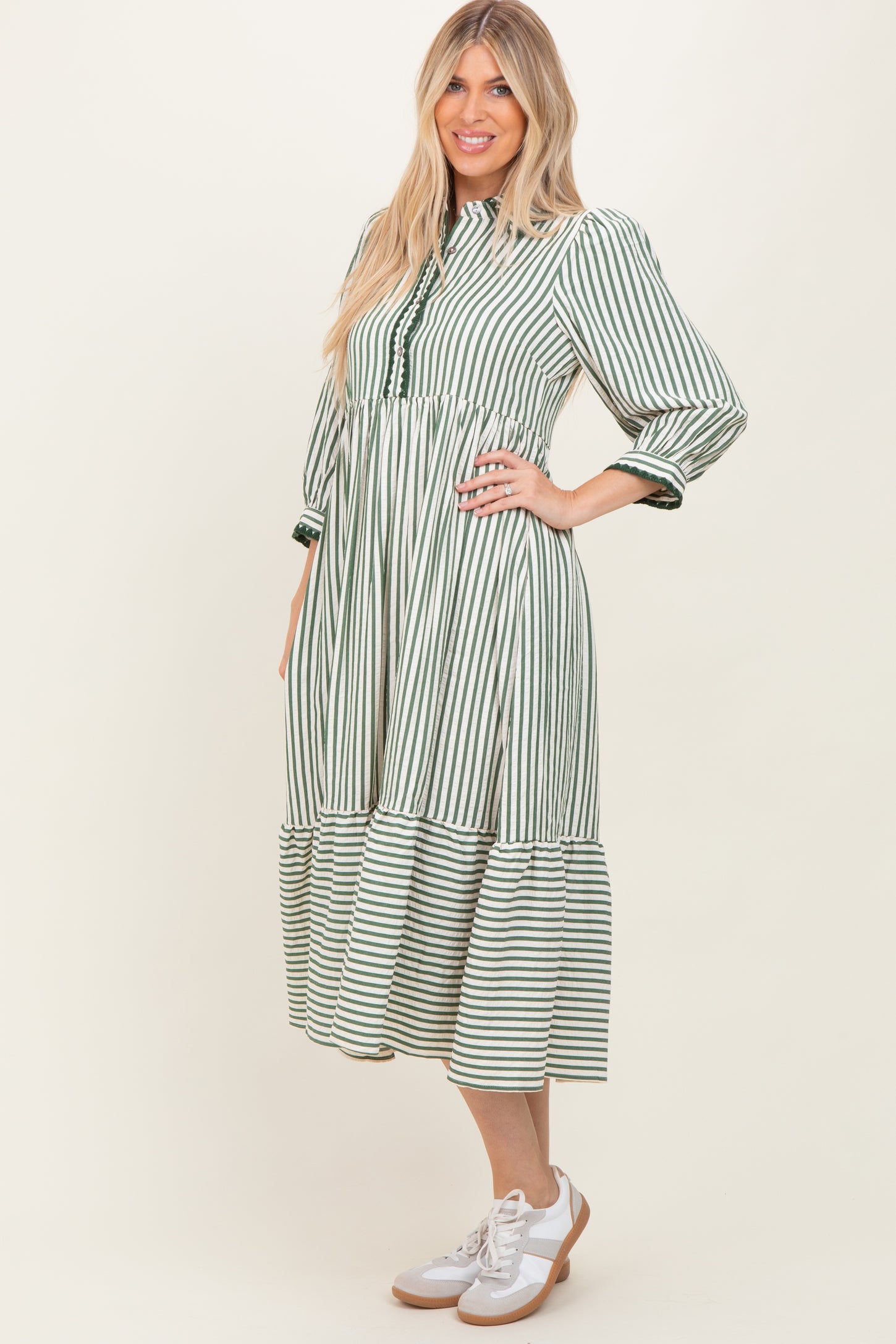 Green Striped Scallop Trim 3/4 Sleeve Midi Dress