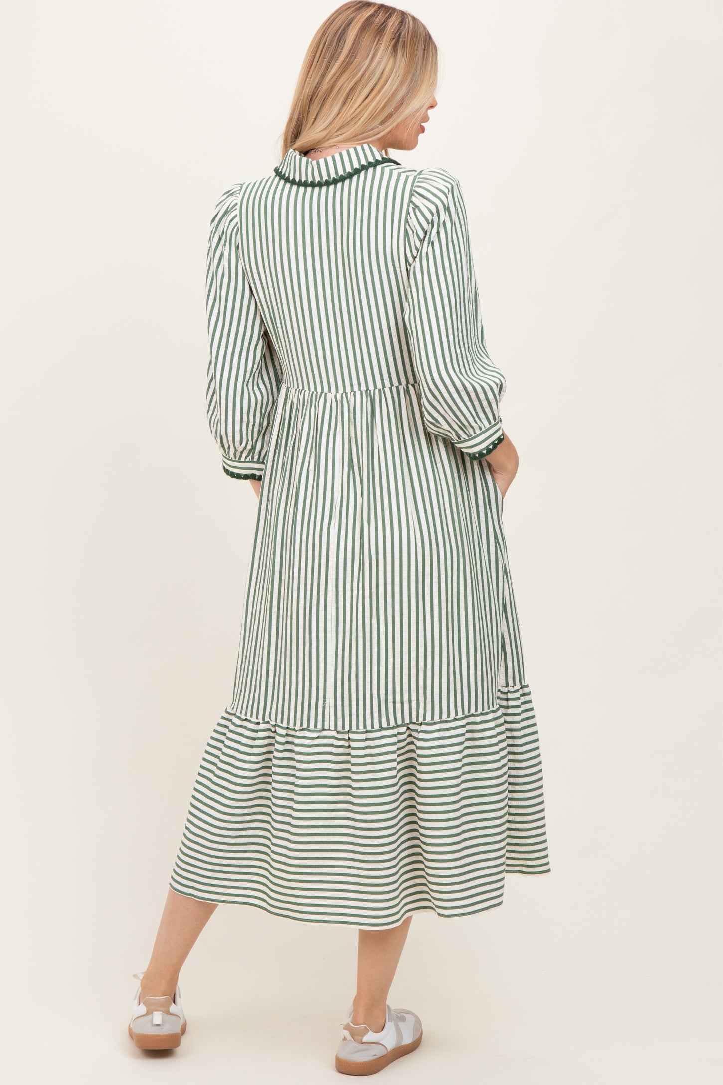 Green Striped Scallop Trim 3/4 Sleeve Midi Dress