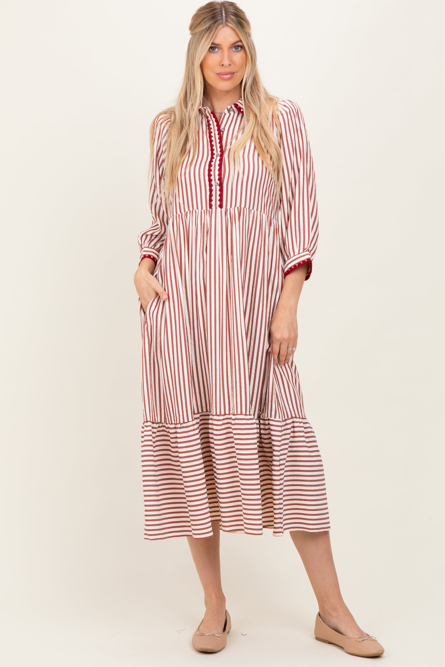Rust Striped Scallop Trim 3/4 Sleeve Maternity Midi Dress