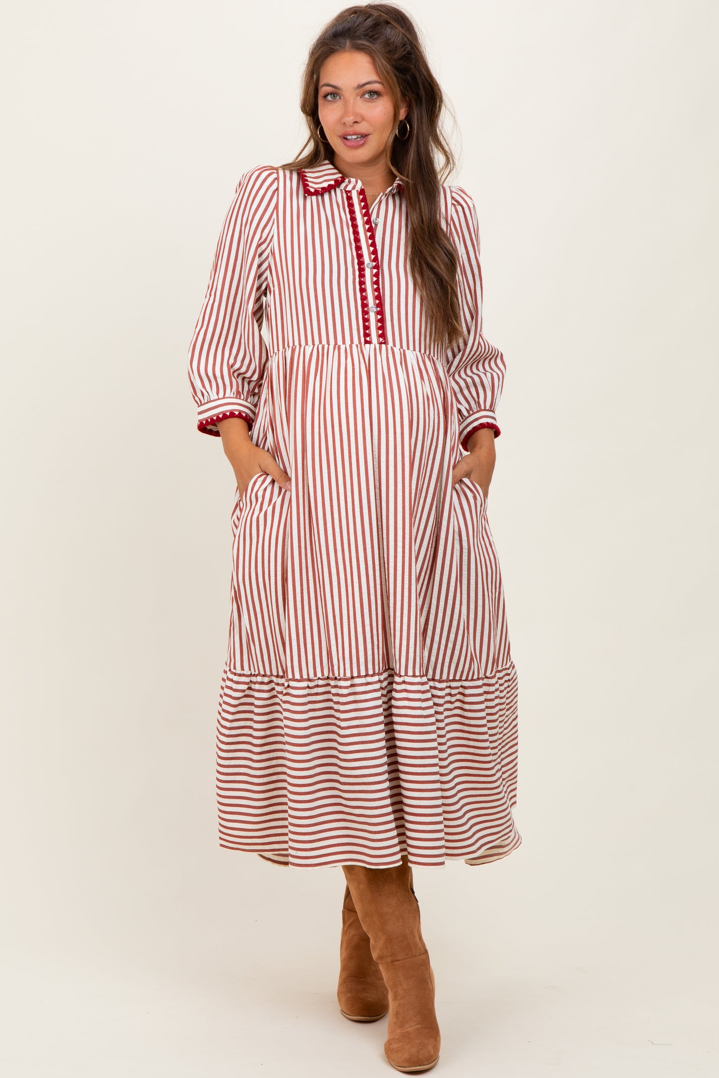 Rust Striped Scallop Trim 3/4 Sleeve Maternity Midi Dress