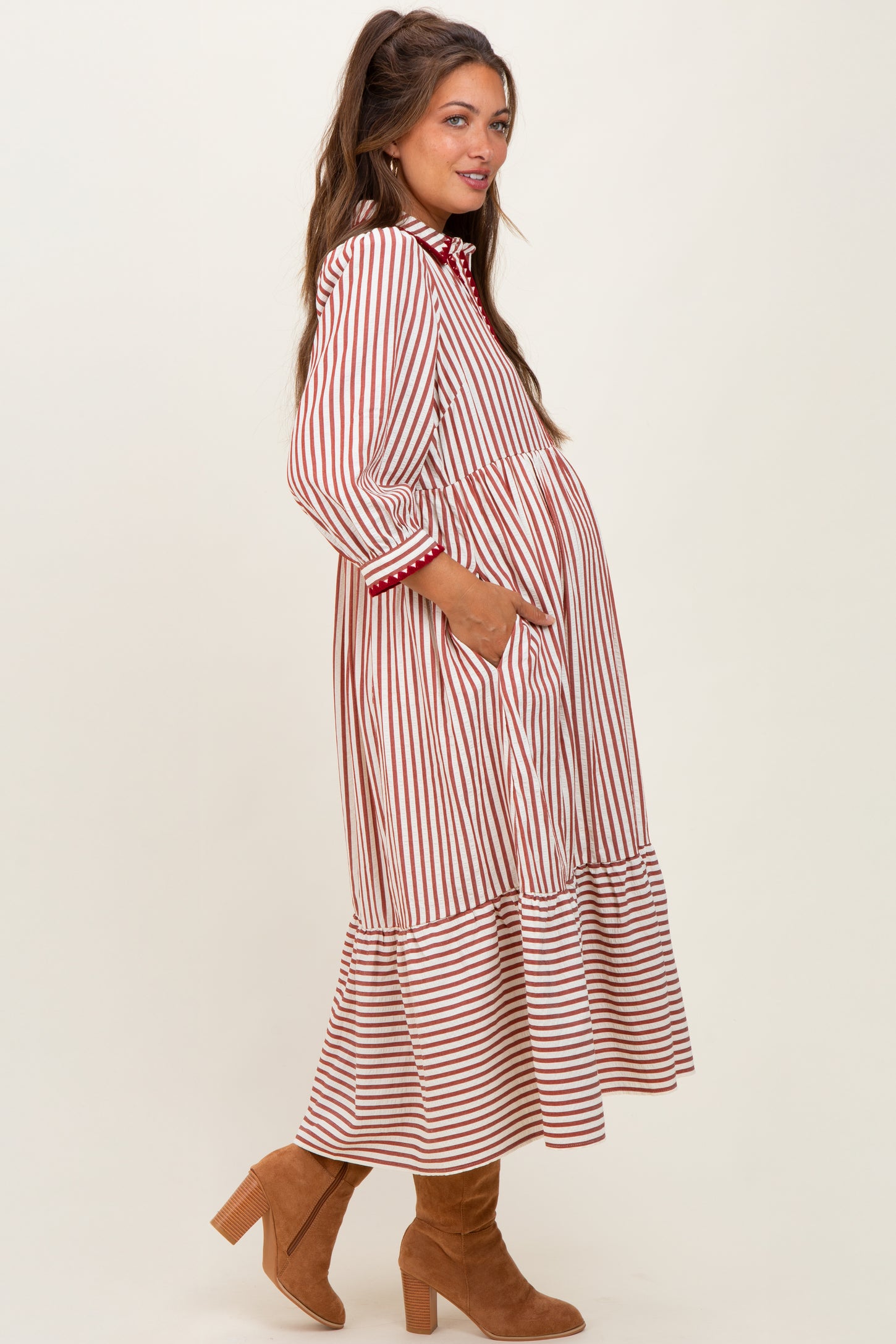 Rust Striped Scallop Trim 3/4 Sleeve Maternity Midi Dress
