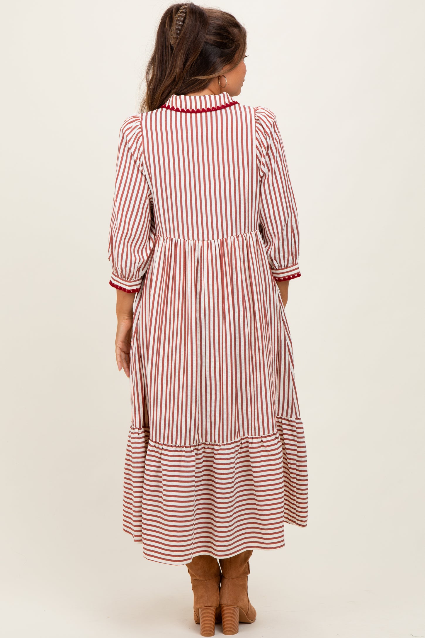 Rust Striped Scallop Trim 3/4 Sleeve Maternity Midi Dress