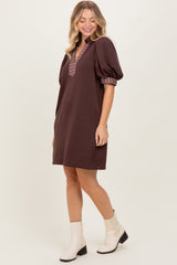 Brown Plaid Accent Puff Sleeve Mini Dress
