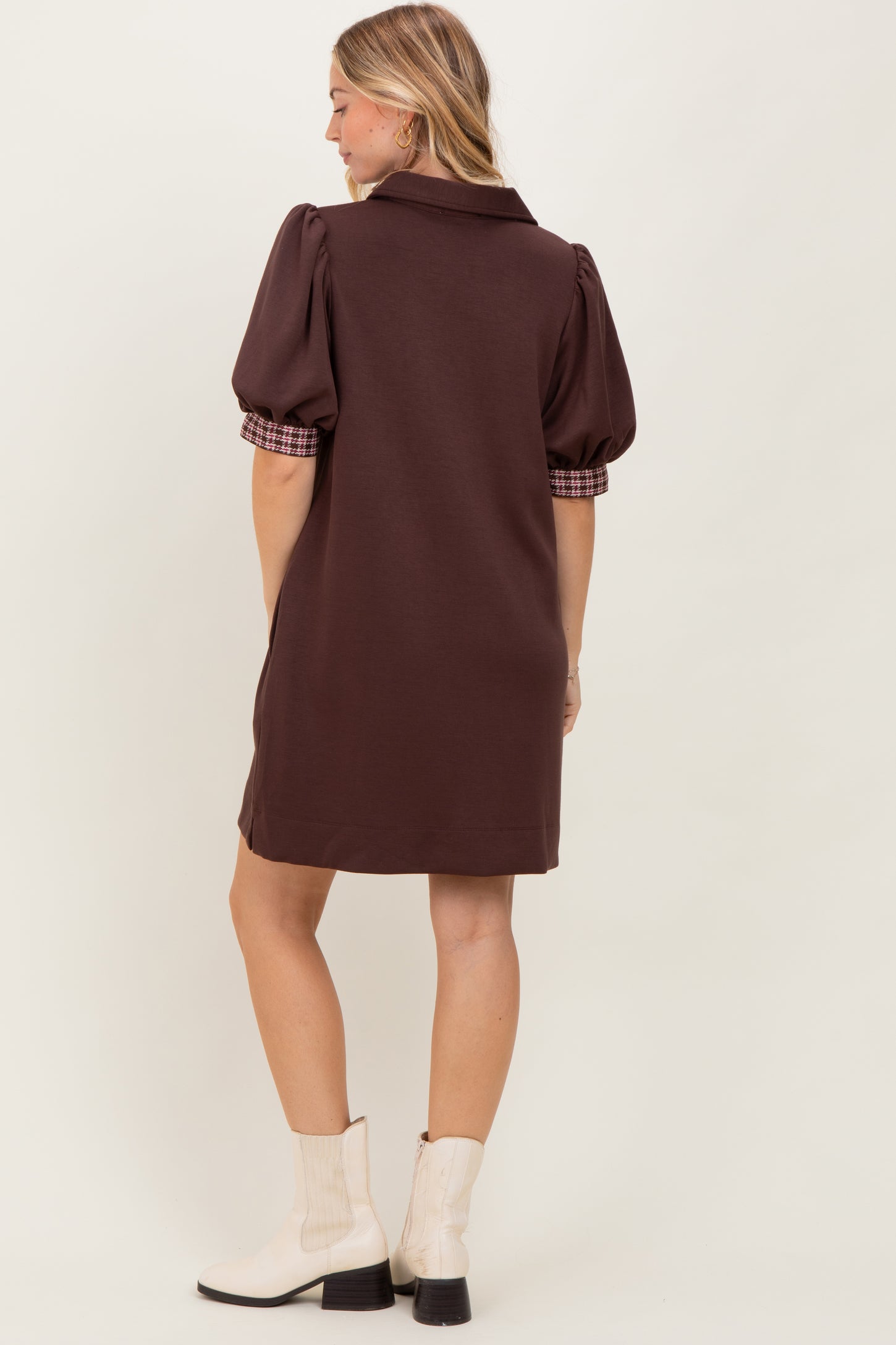 Brown Plaid Accent Puff Sleeve Mini Dress