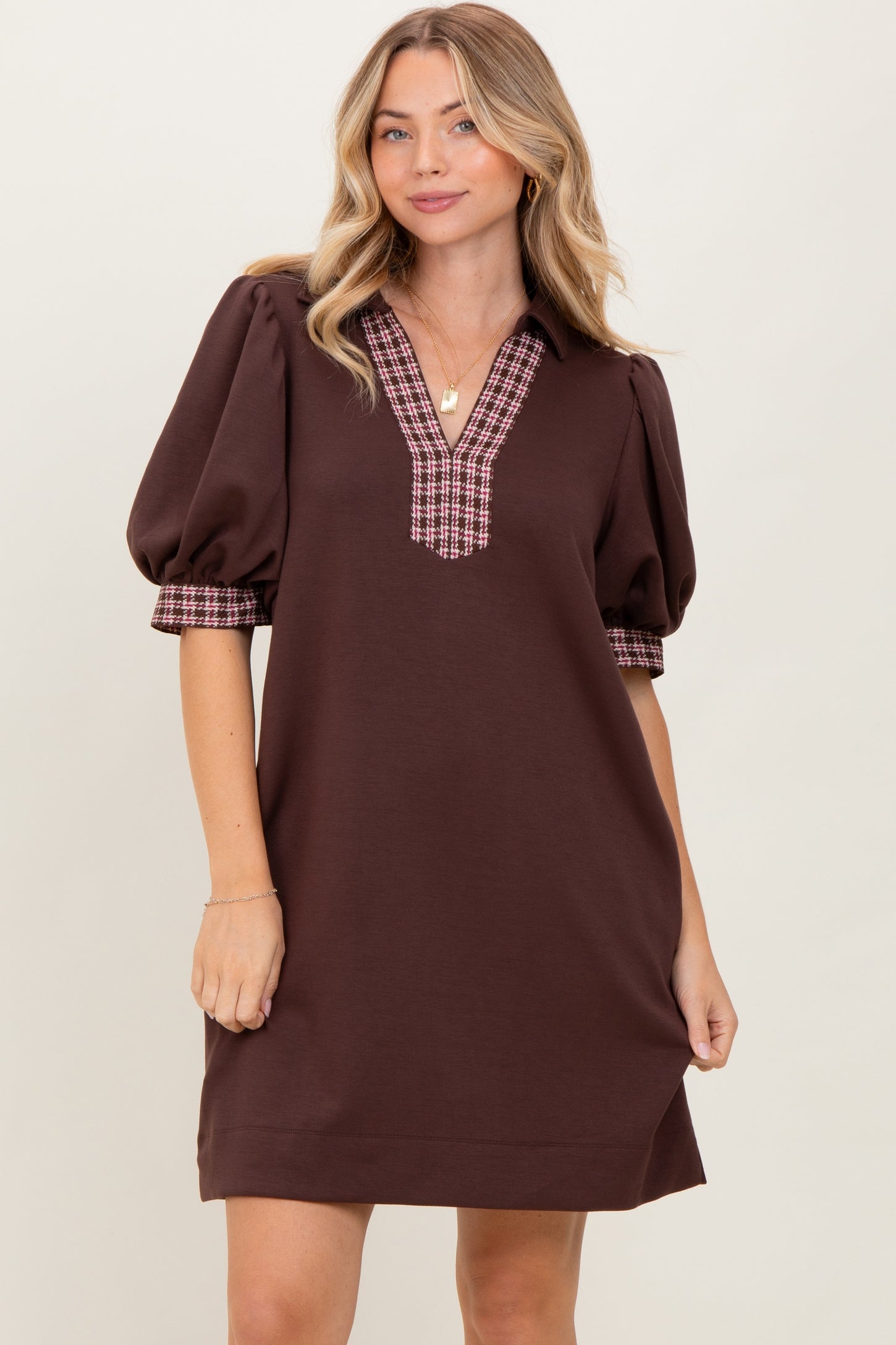 Brown Plaid Accent Puff Sleeve Mini Dress