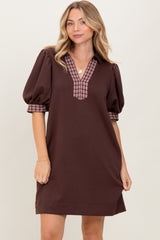 Brown Plaid Accent Puff Sleeve Mini Dress