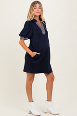 Navy Plaid Accent Puff Sleeve Maternity Mini Dress