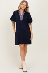 Navy Plaid Accent Puff Sleeve Mini Dress