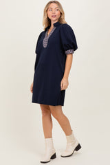 Navy Plaid Accent Puff Sleeve Mini Dress