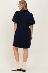 Navy Plaid Accent Puff Sleeve Mini Dress