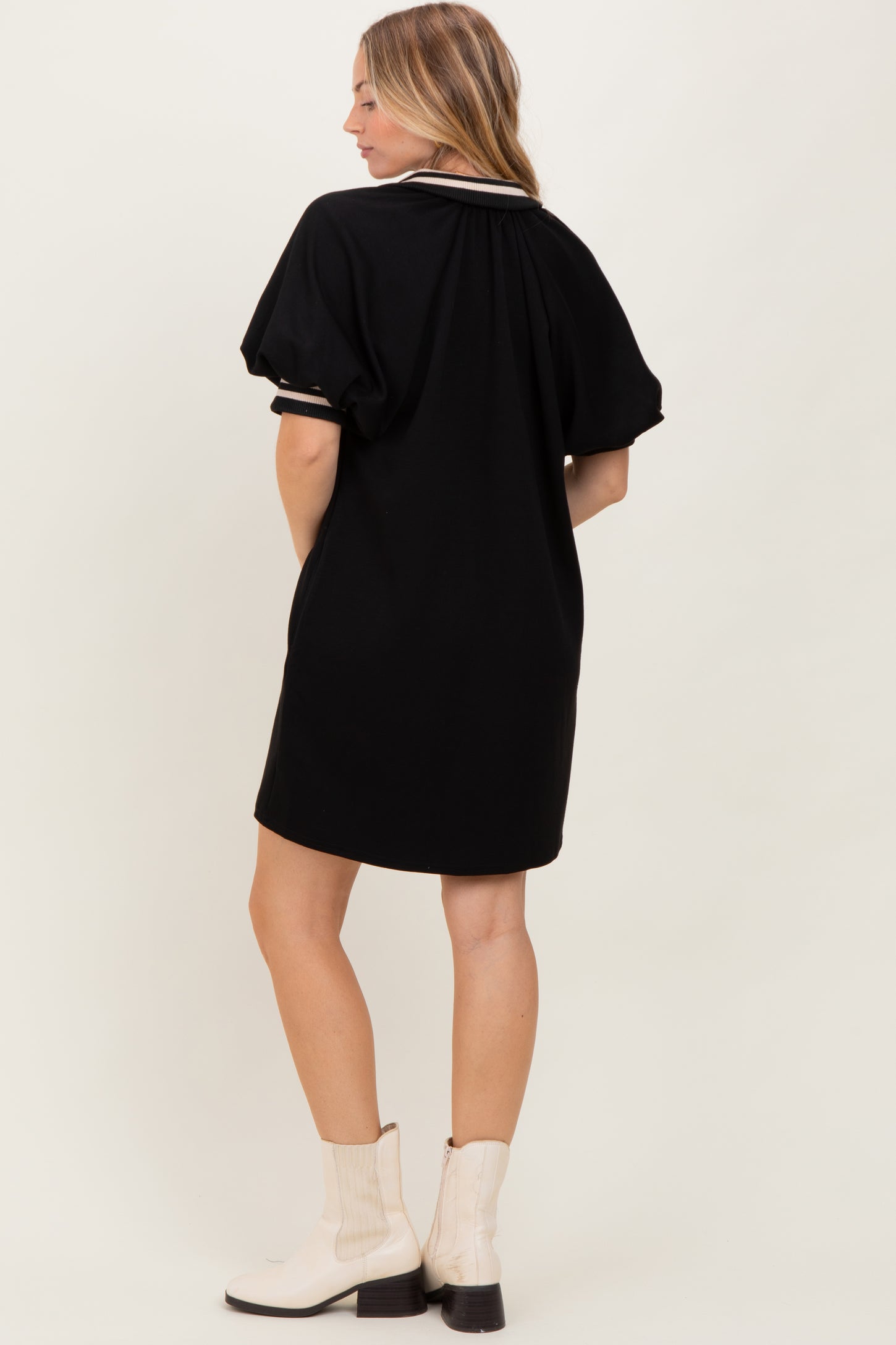 Black Half Zip Puff Sleeve Mini Dress