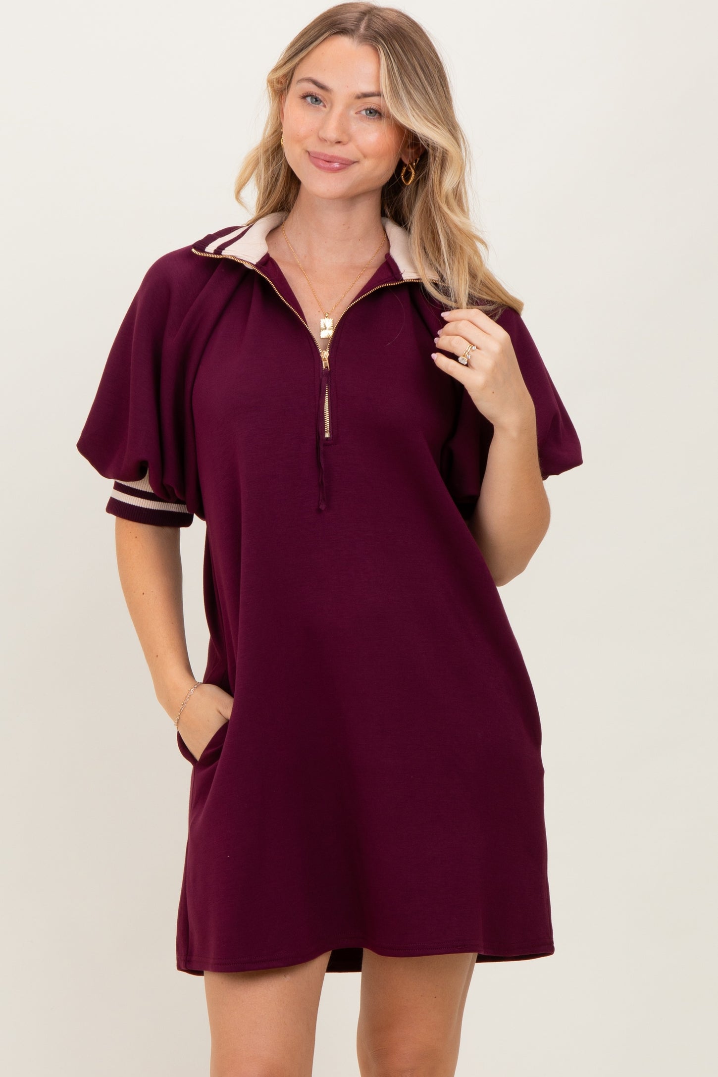 Plum Half Zip Puff Sleeve Maternity Mini Dress
