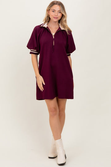 Plum Half Zip Puff Sleeve Mini Dress