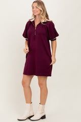 Plum Half Zip Puff Sleeve Mini Dress