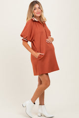 Rust Half Zip Puff Sleeve Maternity Mini Dress