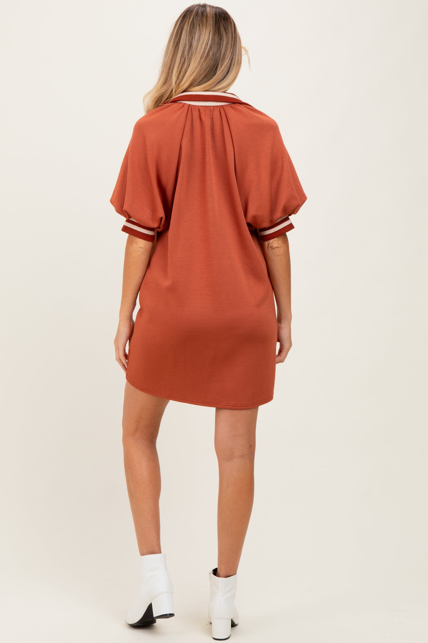 Rust Half Zip Puff Sleeve Maternity Mini Dress
