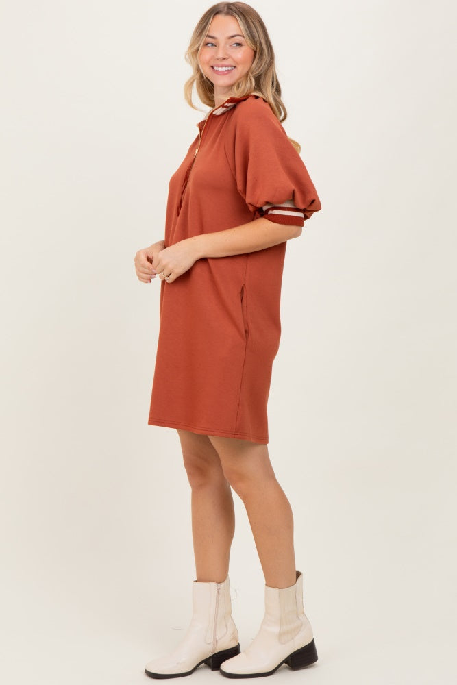 Rust Half Zip Puff Sleeve Mini Dress
