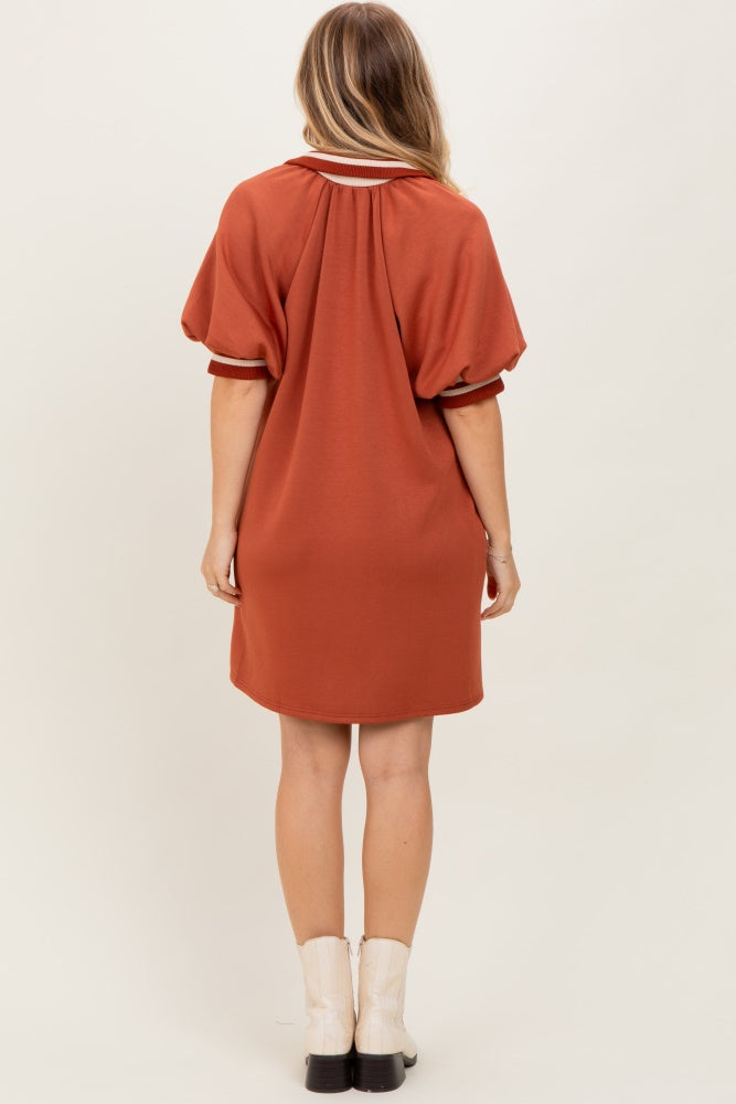 Rust Half Zip Puff Sleeve Mini Dress