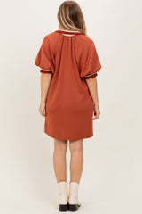 Rust Half Zip Puff Sleeve Mini Dress