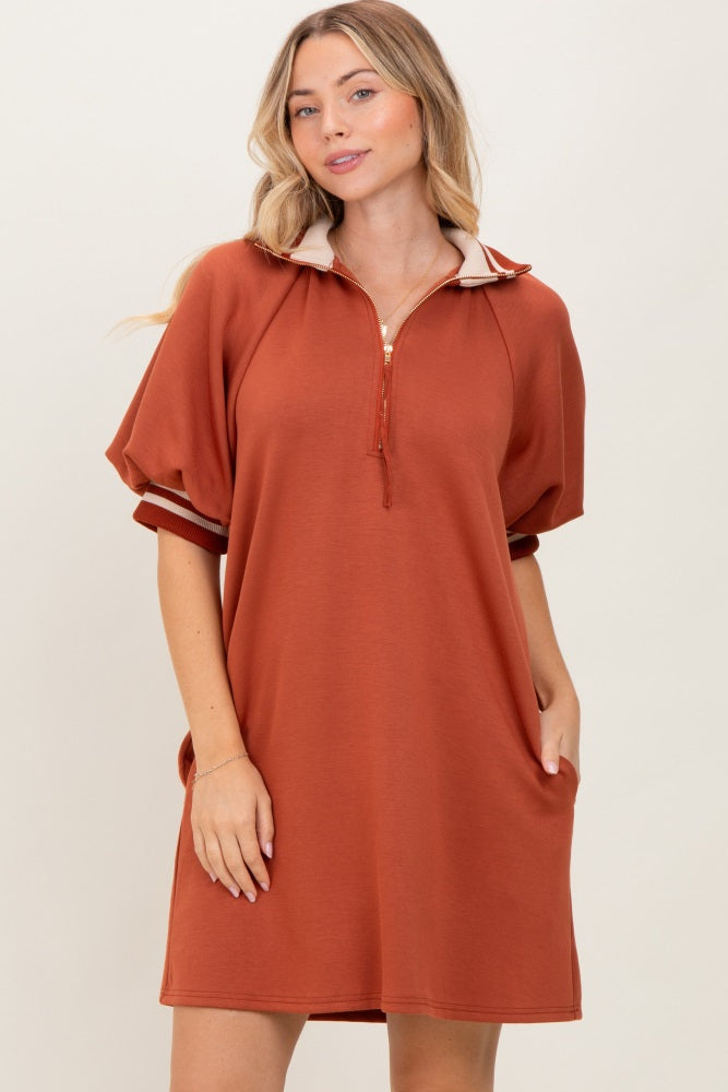 Rust Half Zip Puff Sleeve Mini Dress