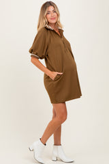 Olive Half Zip Puff Sleeve Maternity Mini Dress