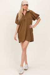 Olive Half Zip Puff Sleeve Mini Dress