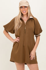 Olive Half Zip Puff Sleeve Mini Dress