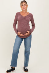 Mauve Sweetheart Ribbed Maternity Long Sleeve Top