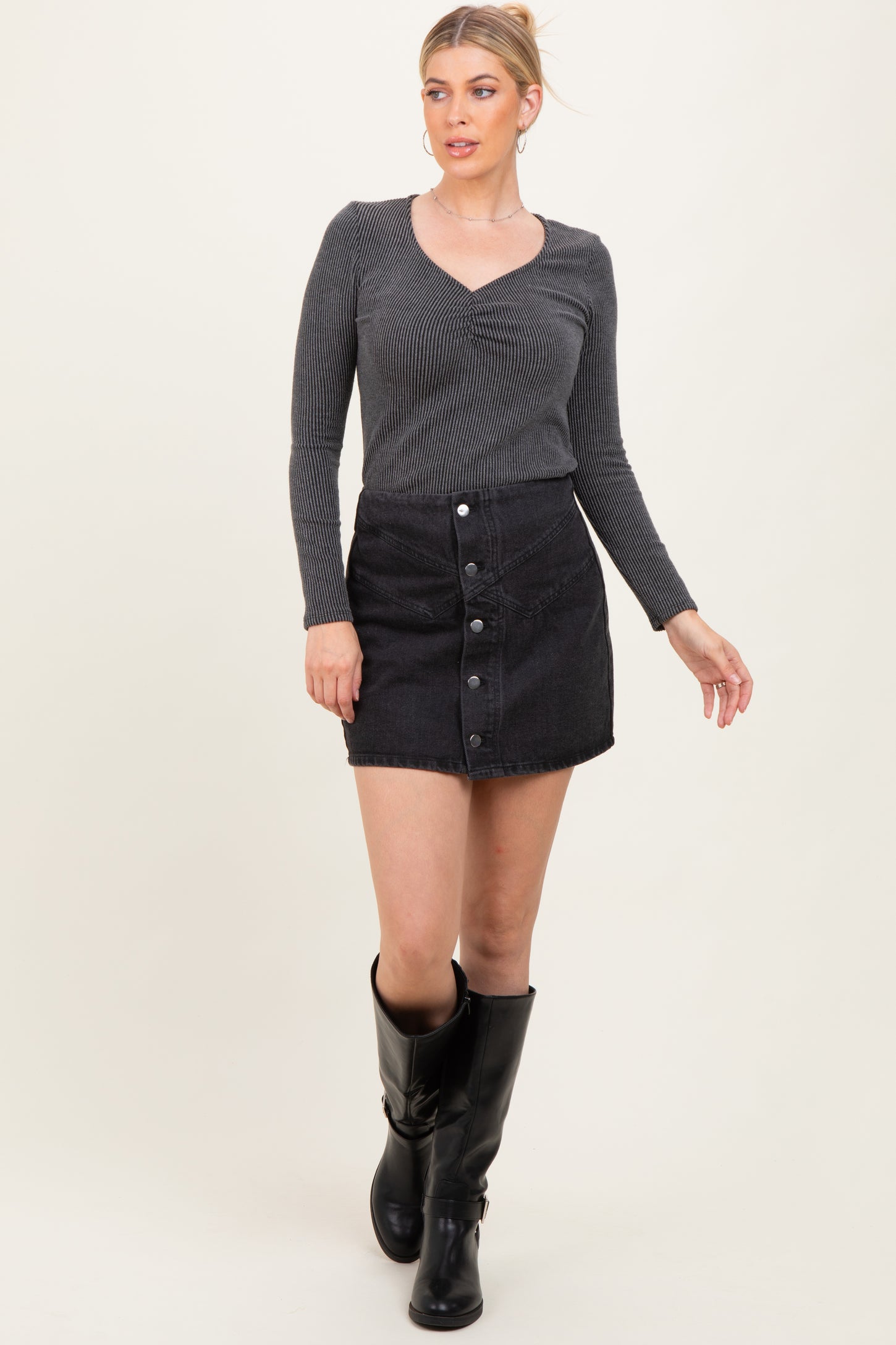 Charcoal Sweetheart Ribbed Long Sleeve Top