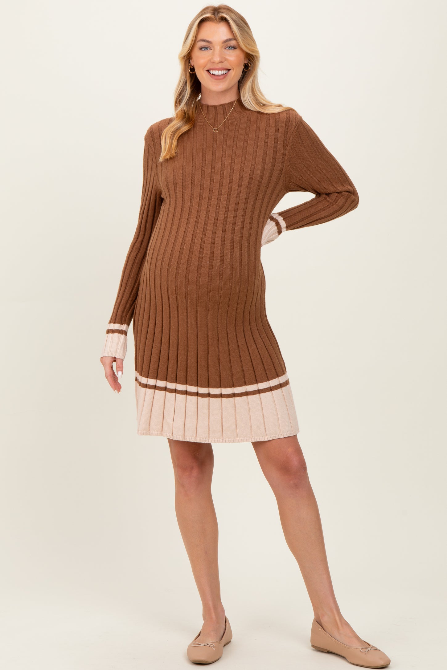 Mocha Ribbed Contrast Hem Maternity Sweater Dress