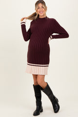 Burgundy Ribbed Contrast Hem Maternity Sweater Dress