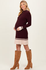 Burgundy Ribbed Contrast Hem Maternity Sweater Dress