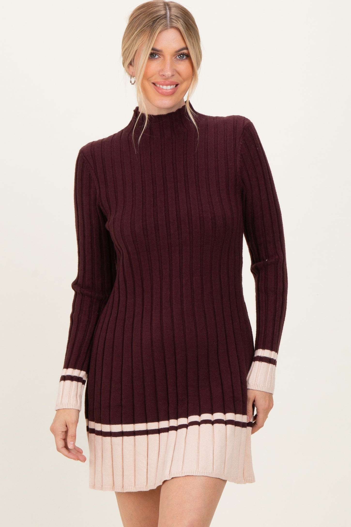Burgundy Ribbed Contrast Hem Sweater Dress