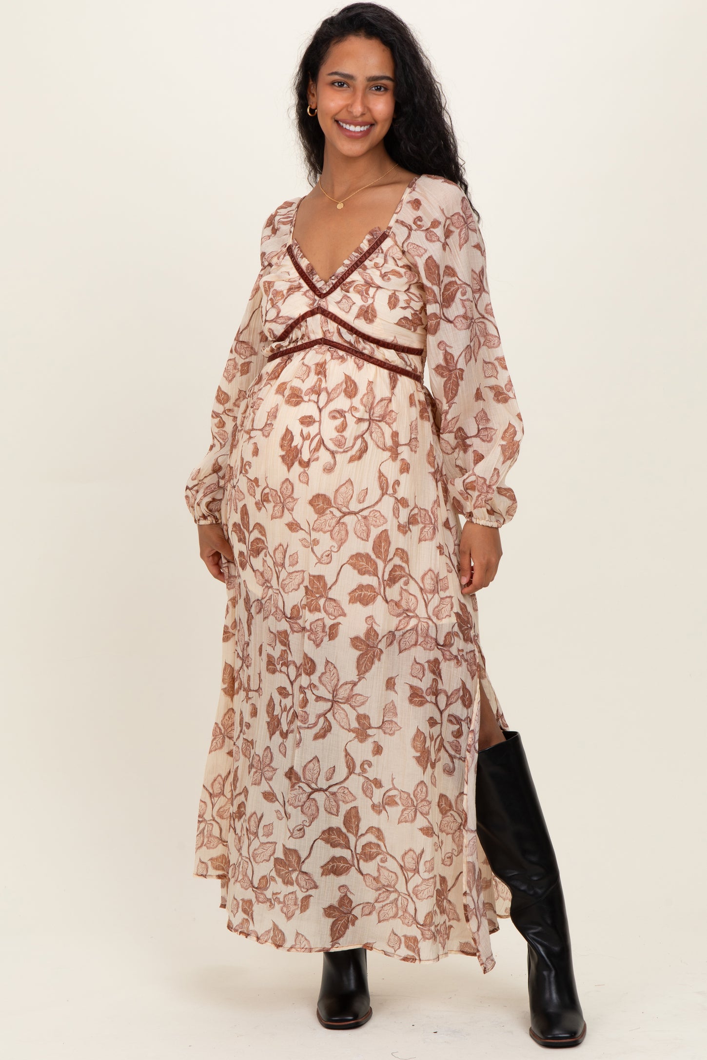 Cream Floral V-Neck Velvet Trim Maternity Maxi Dress