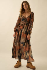 Multicolor Abstract Print Velvet Trim Maxi Dress