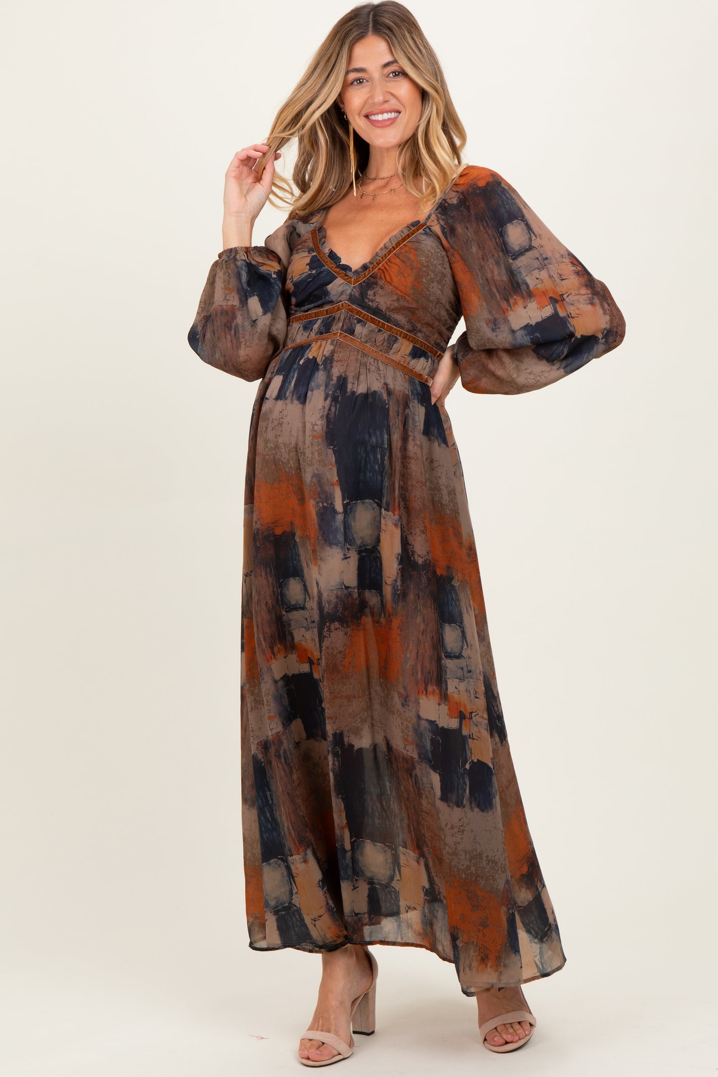 Multicolor Abstract Print Velvet Trim Maternity Maxi Dress