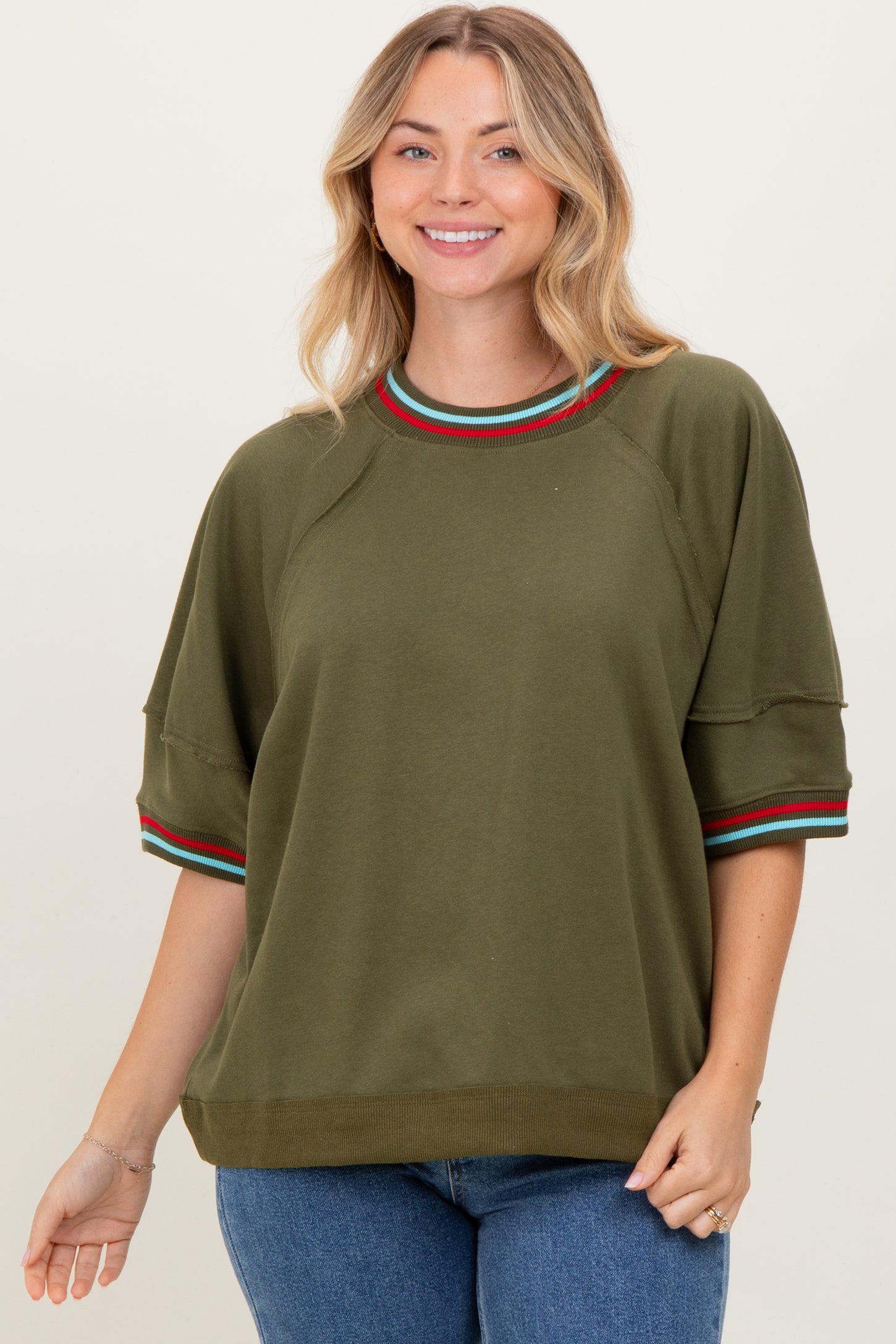Olive Contrast Trim Short Sleeve Pullover