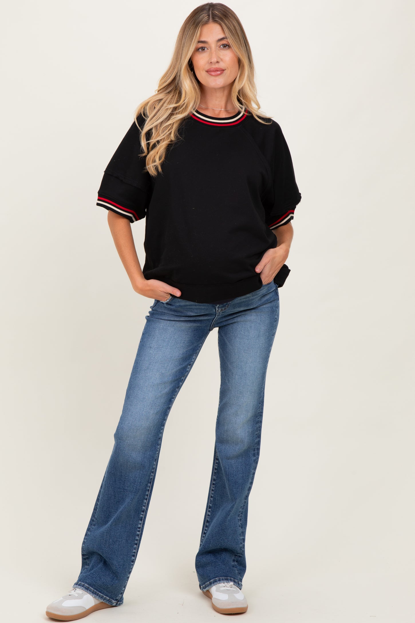 Black Contrast Trim Short Sleeve Maternity Pullover
