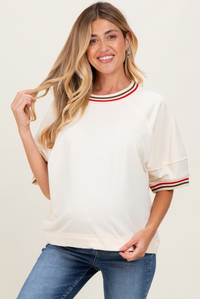 Cream Contrast Trim Short Sleeve Maternity Pullover