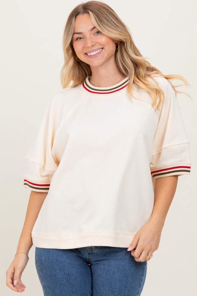 Cream Contrast Trim Short Sleeve Maternity Pullover