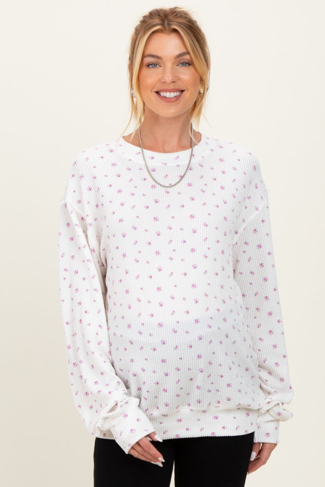 Magenta Floral Waffle Knit Oversized Maternity Long Sleeve Top