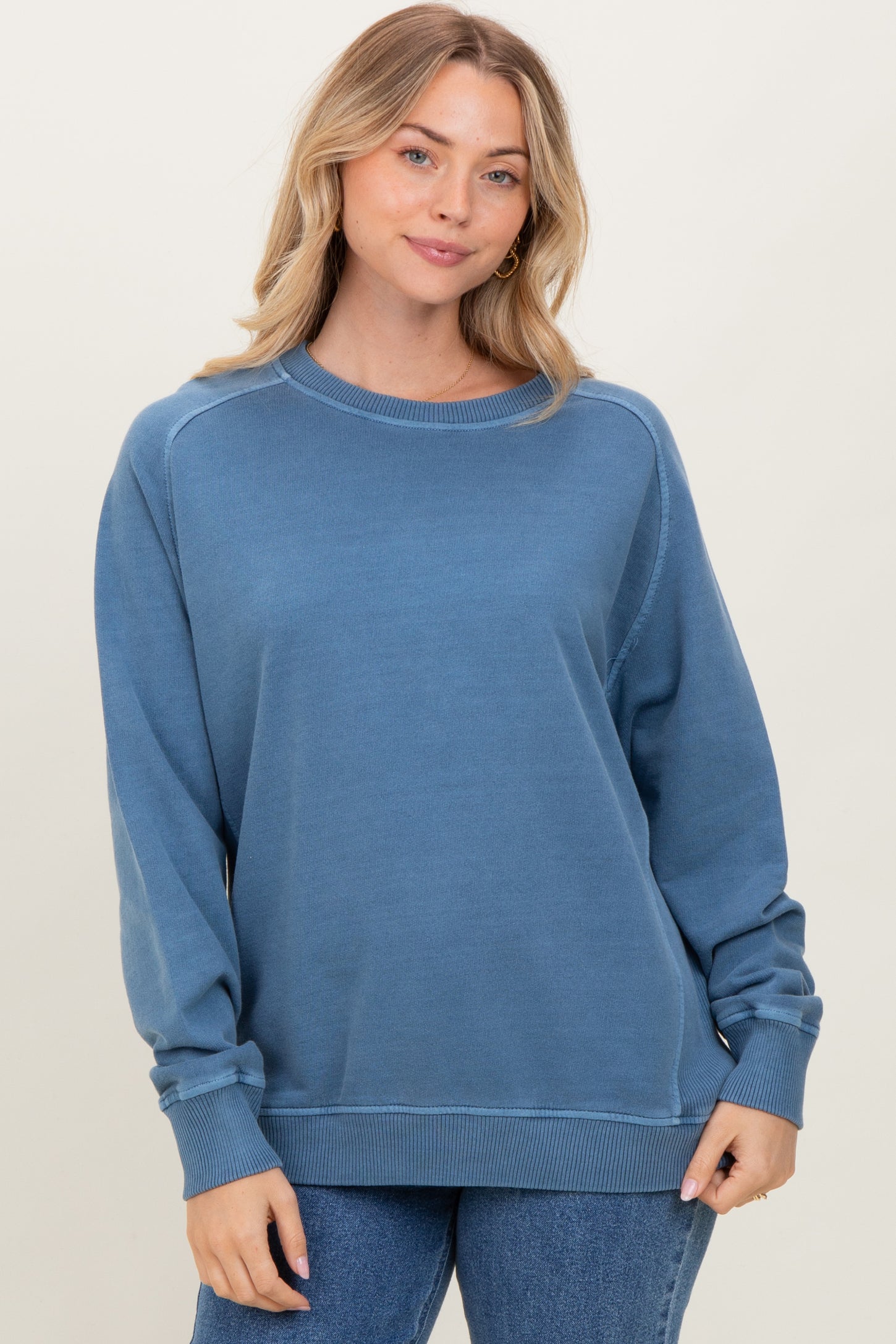 Denim Blue French Terry Vintage Wash Maternity Pullover
