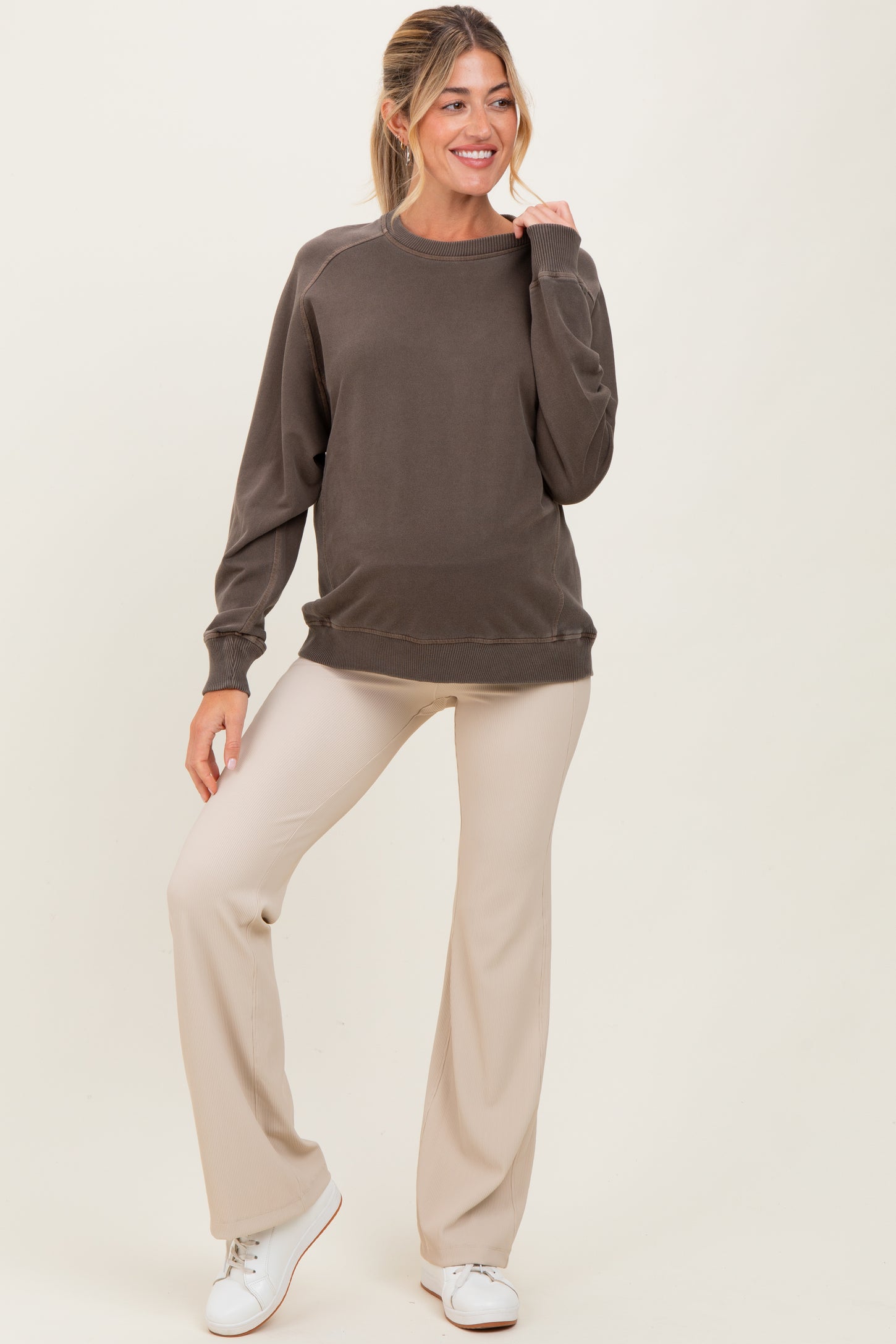 Brown French Terry Vintage Wash Maternity Pullover