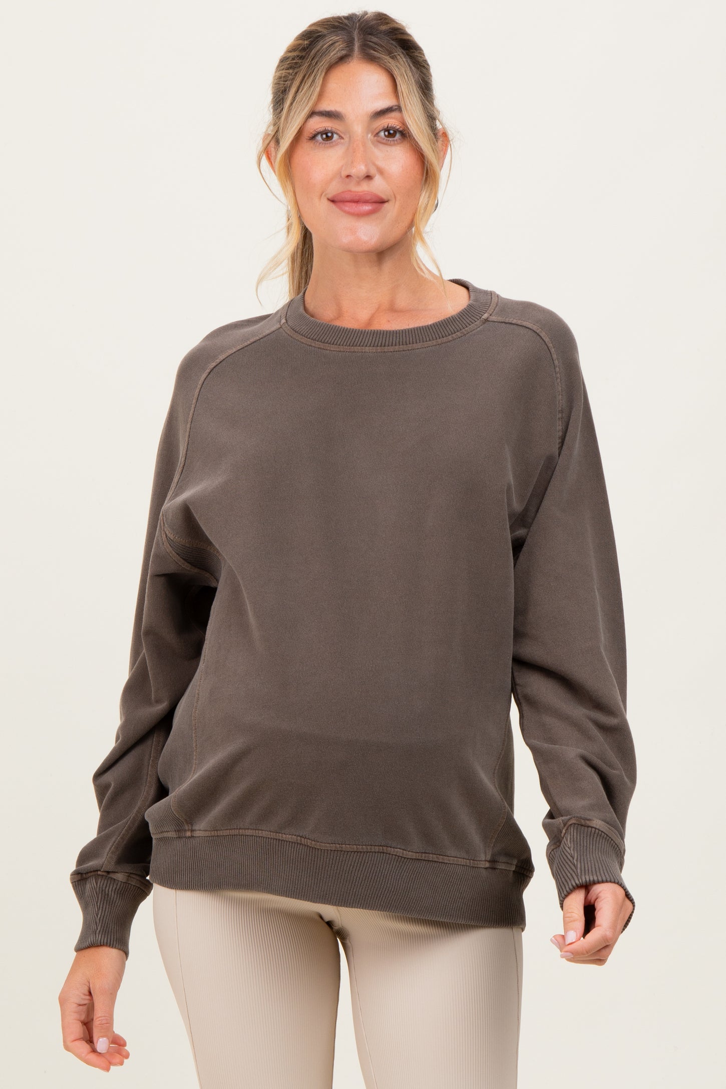 Brown French Terry Vintage Wash Maternity Pullover