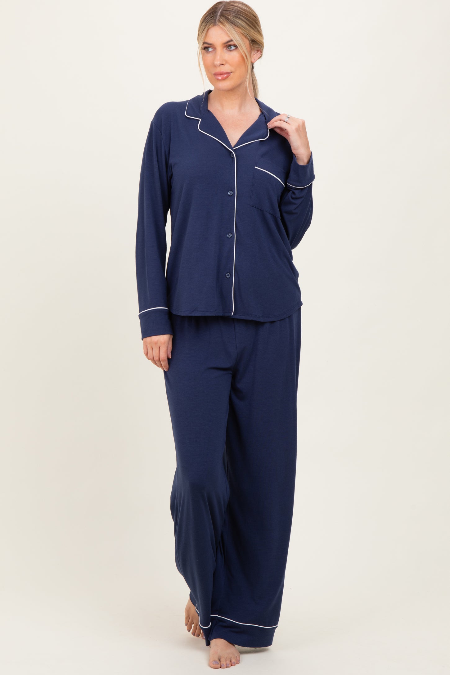 Dark Navy Button Down Top Wide Leg Pant Maternity Pajama Set