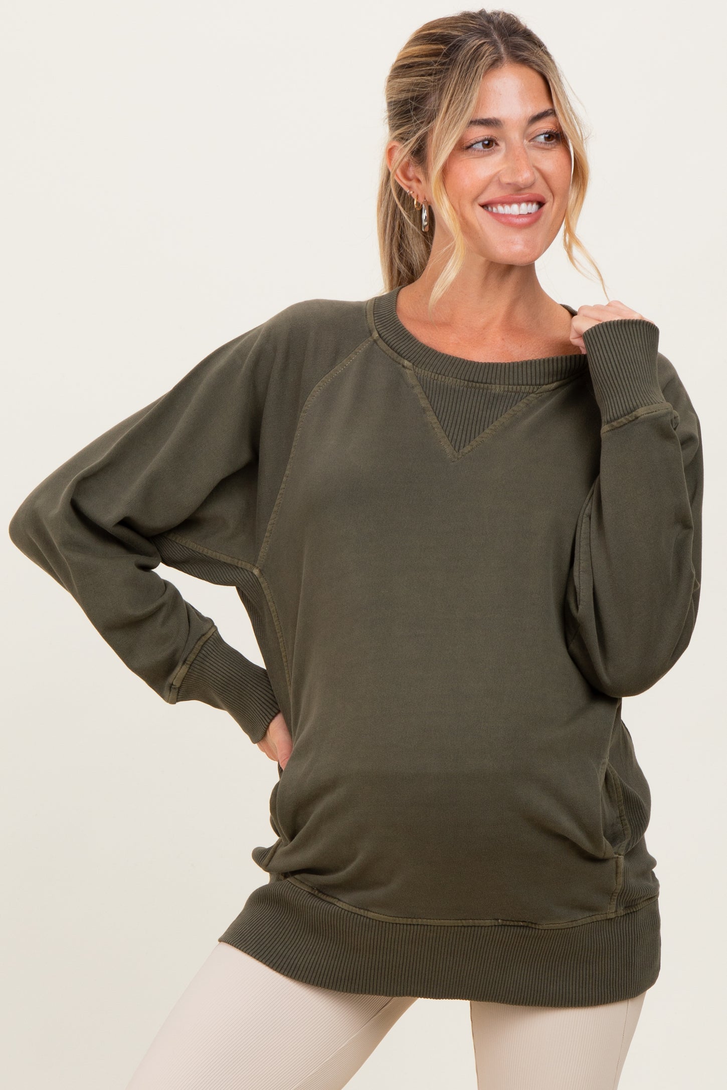 Olive Vintage Wash French Terry Maternity Pullover